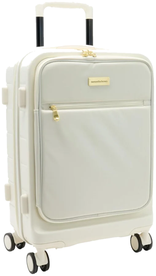 Samantha Brown Frontload 22 inch Hardside Carry-On in cream with gold zippers