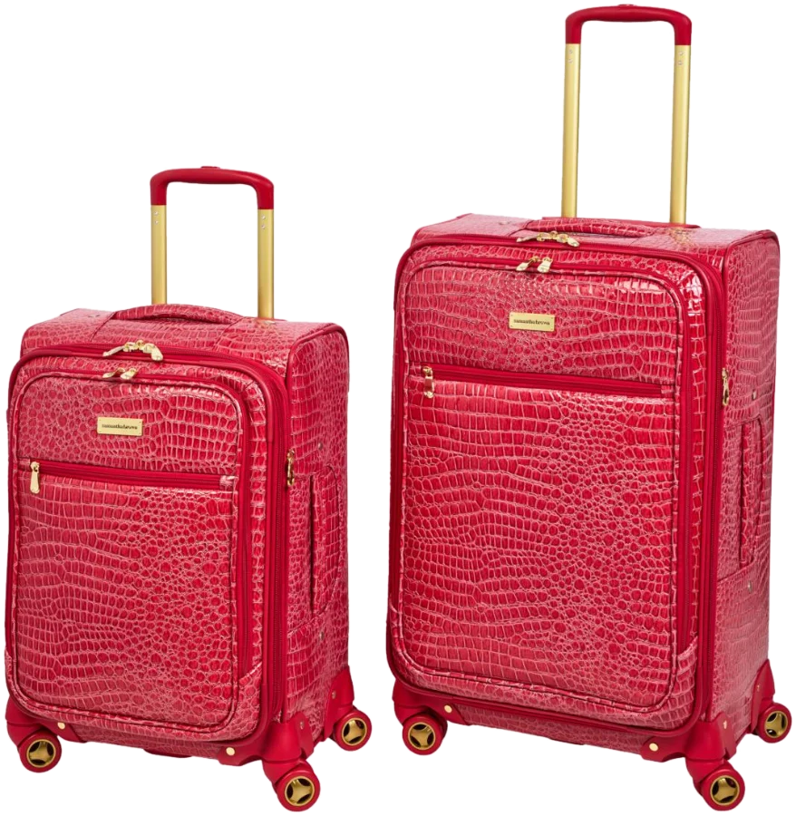Samantha Brown 2-piece Summer Croco Set in red Samantha Brown 2-piece Summer Croco set in red, a 22 inch carry-on beside a 26 inch spinner